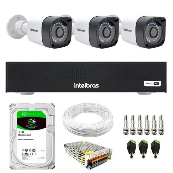 Imagem de Kit 3 Câmeras Tudo Forte TF 2020 B Full HD 1080p Bullet Visão Noturna 20M Proteção IP66 DVR Gravador Intelbras MHDX 1104-C 4 Canais HD 2TB Barracuda