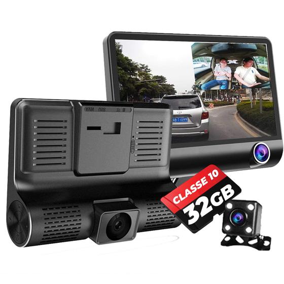 Imagem de Kit 3 Cameras Veicular Interna Frontal Ré Filmadora Automotiva Dashcam B28 Full Dd Carro + Cartão 32GB