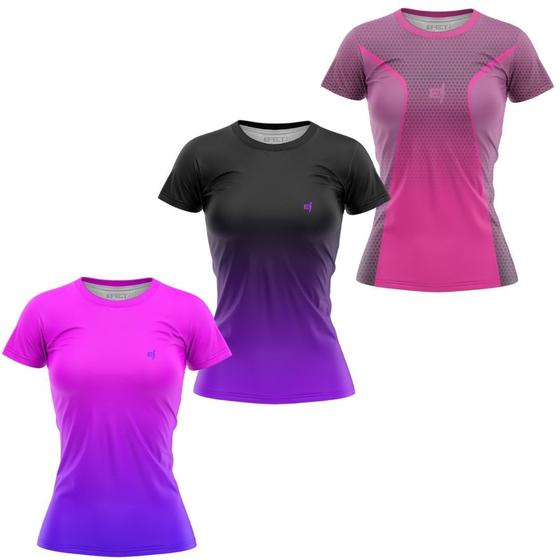 Imagem de Kit 3 Camisa Blusa Feminina Academia Fitness Caminhada Dry Fit UV Coloridas Leve e confortável