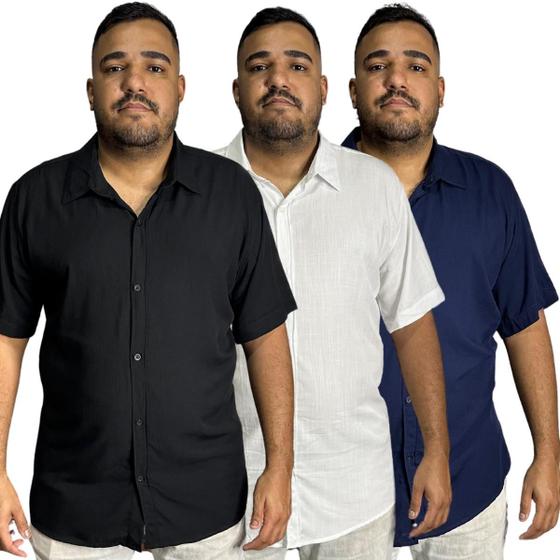 Imagem de Kit 3 Camisa Plus Size Social Masculina Lisa Viscolinho