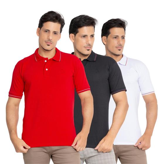 Imagem de kit 3  Camisa polo masculina slim premium malha peruana verão 