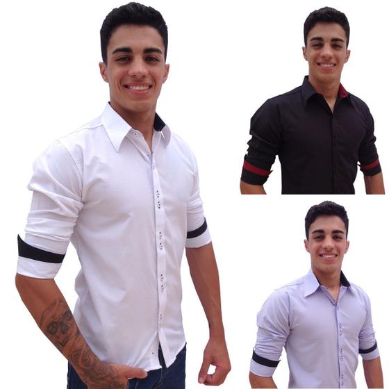 Kit 3 Camisa Social Masculina Manga Longa Blusa Camiseta Slim Menor preço em Kit 3 Camisa Social Masculina Manga Longa Blusa Camiseta Slim