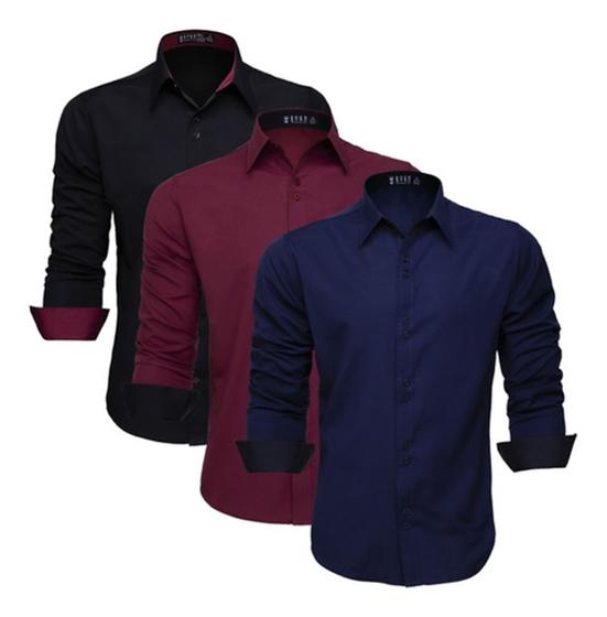 Imagem de Kit 3 Camisas Masculina Manga Longa Social Slim Blusa Barata