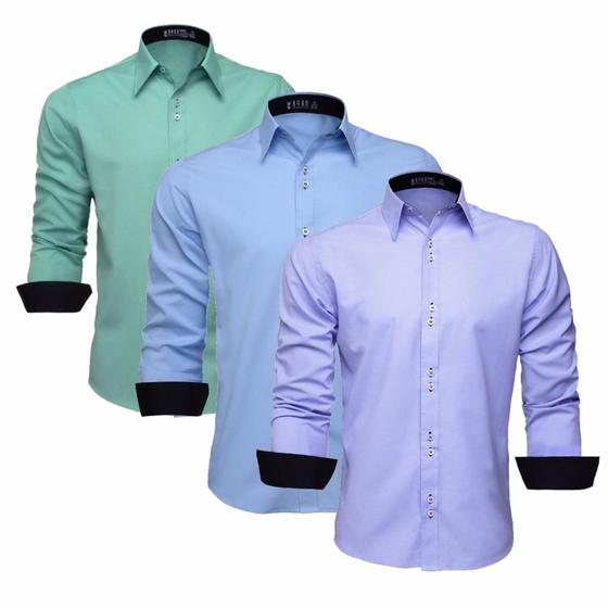 Imagem de Kit 3 Camisas Masculina Manga Longa Social Slim Blusa (Verde, Lilás, Azul Céu)