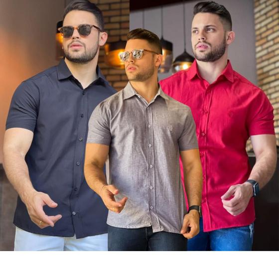 Imagem de Kit 3 Camisas Social Masculina Manga Curta Slim de Botões Coloridas Sem Bolso Linha Premium Luxo Não Amassa 