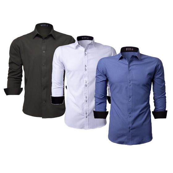 Imagem de Kit 3 Camisas Social Masculina Manga Longa Slim Lisa Botões Duplos (Grafite, Azul Prússia, Branco)