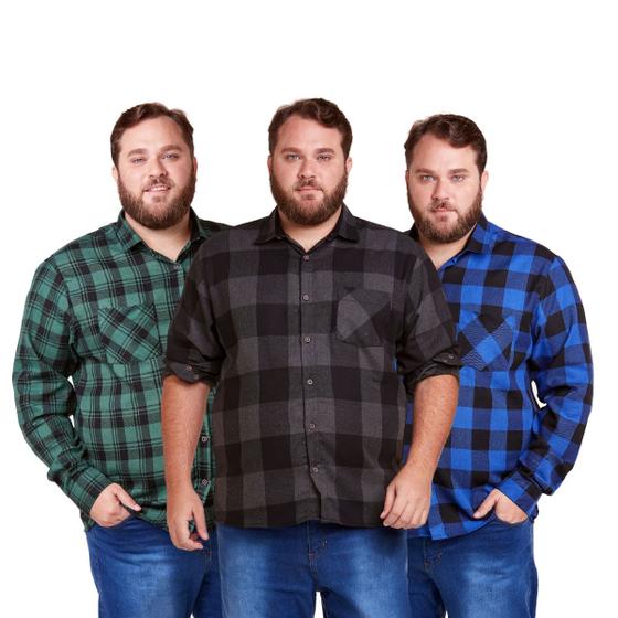 Imagem de Kit 3 Camisas Xadrez Plus Size Masculino Flanelado Manga Longa