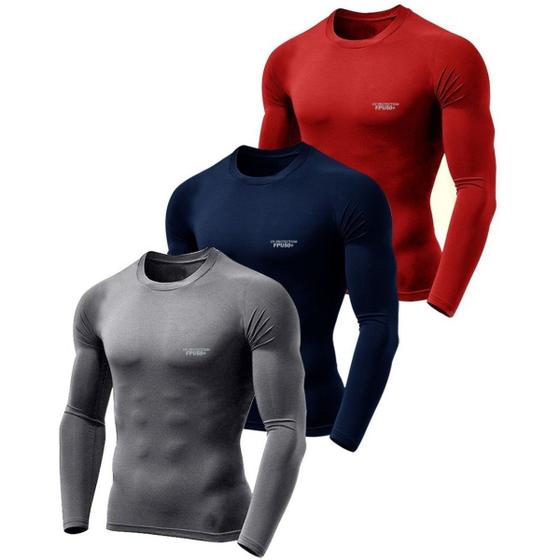 Imagem de Kit 3 Camiseta Camisa Térmica Segunda Pele Manga Longa Proteção Solar UV 50+ Termica Masculina