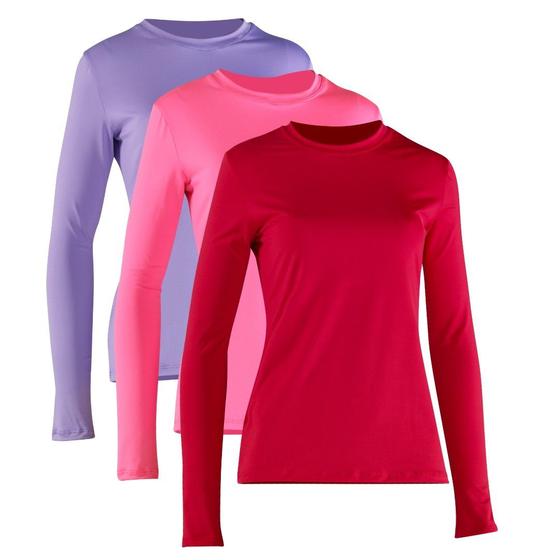 Imagem de Kit 3 Camiseta Proteção Solar Feminina Manga Longa Uv50+ 1 Vermelha 1 Rosa 1 Lilás