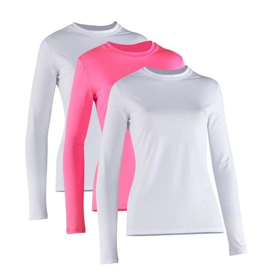 Imagem de Kit 3 Camiseta Proteção Solar Feminina Manga Longa Uv50+  2 Brancas 1 Rosa 1