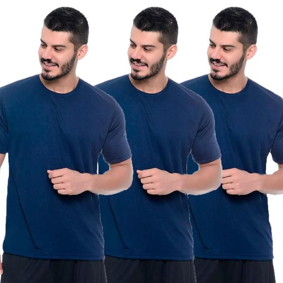 Imagem de Kit 3 Camisetas Azul Marinho DryFit Masculina Academia Modelagem SlimFit 100%Poliester