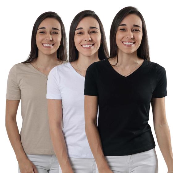 Imagem de Kit 3 Camisetas Básica Feminina Tshirt Manga Curta Gola V Blusinha Lisa