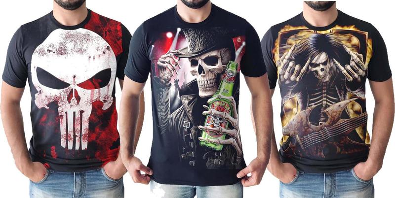 Imagem de Kit 3 Camisetas Camisas Masculinas Skull Caveiras Justiceiro Rock Moto Series Algodao