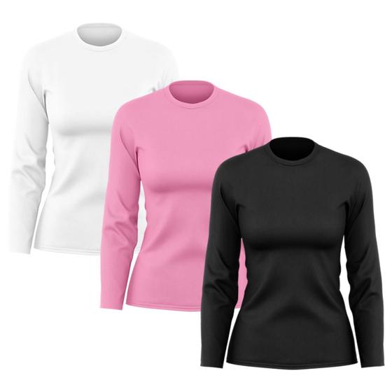 Imagem de Kit 3 Camisetas Feminina Manga Longa Dry Básica Lisa Proteção Solar UV Térmica Blusa Academia Esporte Praia