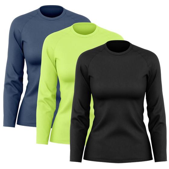 Imagem de Kit 3 Camisetas Feminina Manga Longa Dry Básica Lisa Proteção Solar UV Térmica Blusa Academia Esporte Praia