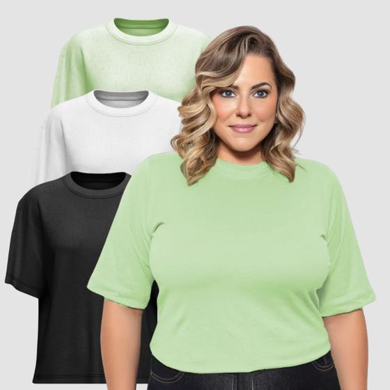 Imagem de Kit 3 Camisetas Feminina Plus Size 100% Algodão T-Shirt G1 A G3 Básica Lisa