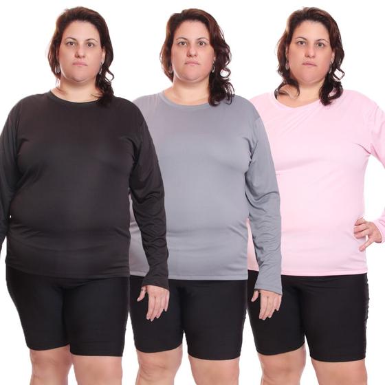 Imagem de Kit 3 Camisetas Feminina Plus Size Manga Longa Dry Fit Lisa Proteção Solar UV Térmica Camisa Treino Academia Praia