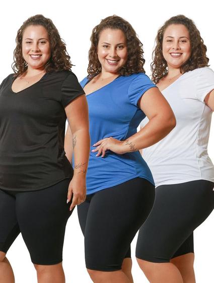 Imagem de Kit 3 Camisetas Femininas Plus Size Dry Fit Gola V Blusa Treino Academia