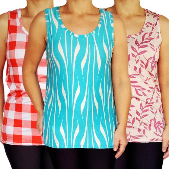 Imagem de Kit 3 Camisetas Femininas Regatas Básicas Estampas Sortidas Suplex Light Pp ao Plus Size