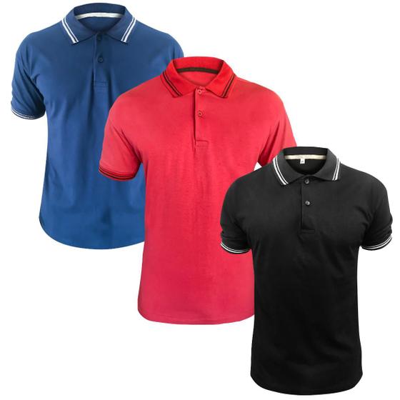 Imagem de Kit 3 Camisetas Gola Polo Masculino Algodão Lisa Básica Com Elastano