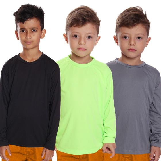 Imagem de Kit 3 Camisetas Infantil Menino Proteção UV Térmica Solar Manga Longa Camisa Praia Esporte