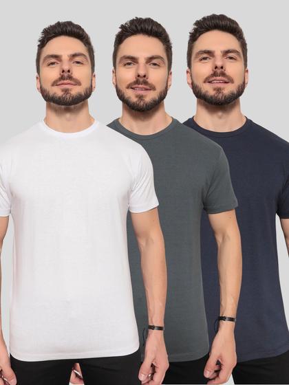 Imagem de Kit 3 Camisetas Masculinas Básicas 100% Algodão ConfortávelLinhaPremium Branco Azul Marinho e Cinza