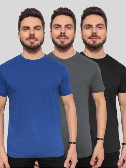 Imagem de Kit 3 Camisetas Masculinas Básicas 100% Algodão ConfortávelLinhaPremium Preto Azul Royal e Cinza