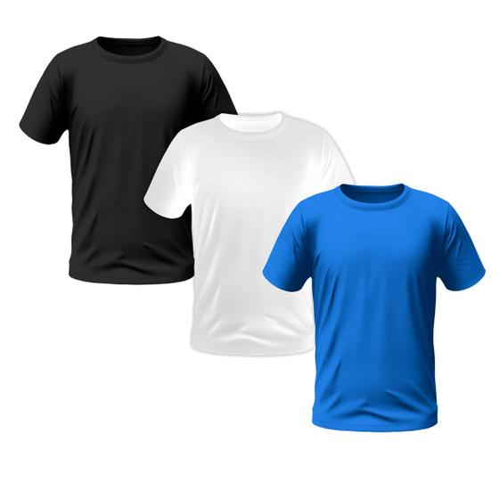 Imagem de Kit 3 Camisetas Masculinas Lisa 100% Algodão Premium (Preto, Branco, Azul)