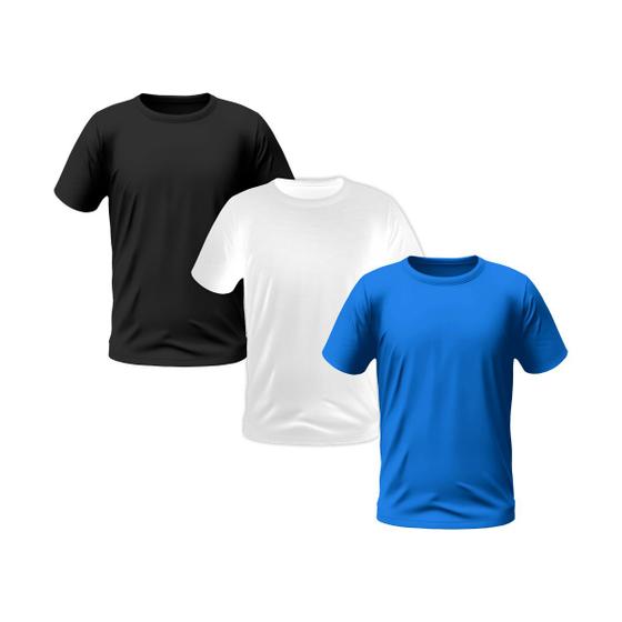 Imagem de Kit 3 Camisetas Masculinas Manga Curta Lisa Plus Size (Preto, Branco, Azul)