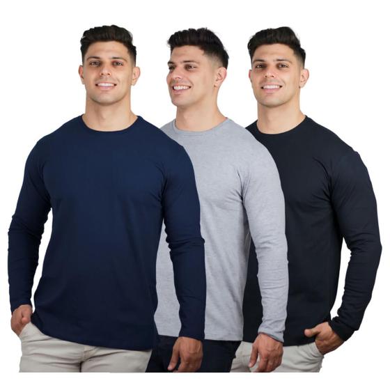 Imagem de Kit 3 Camisetas Masculinas Manga Longa Slim Algodão 30.1 TRV