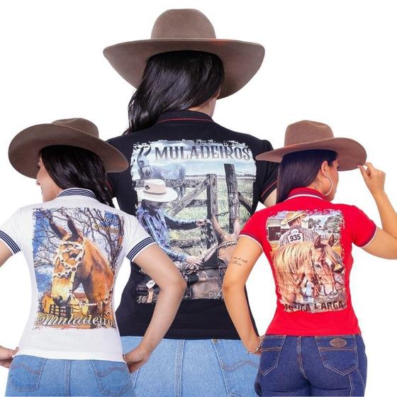 Imagem de Kit 3 Camisetas Muladeiros Feminina Country Gola Polo