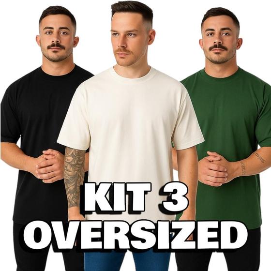 Imagem de Kit 3 Camisetas Oversized Básica Streetwear Masculina Blusa Oversized Lisa Grande 30.1 Algodão Camiseta Oversized Hap Trap Preta Off Roxa Marrom Verde