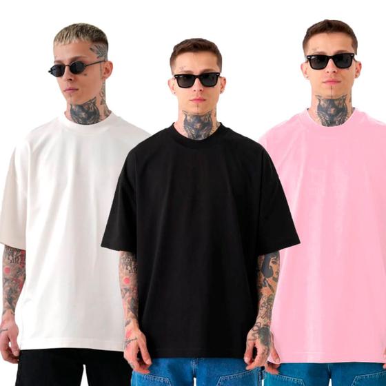 Imagem de KIT 3 Camisetas Oversized Lisa PRETA / ROSA E OFF-WHITE Urban Style 100% Algodão Premium Streetwear