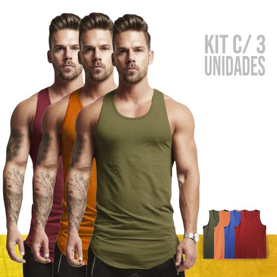 Imagem de Kit 3 Camisetas REGATAS Masculinas ALGODÃO Slim Fit Academia Fitness Corrida 668