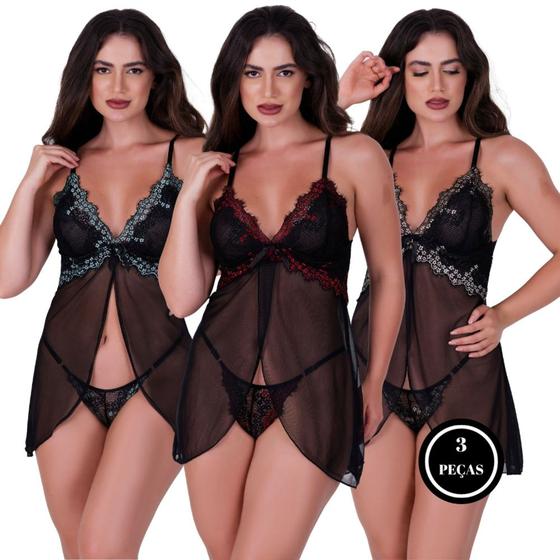 Imagem de Kit 3 Camisola com Calcinha sem Bojo Tule Bicolor - c6 KIT 3 OLÍVIA VERMELHO VERDE E DOURADO