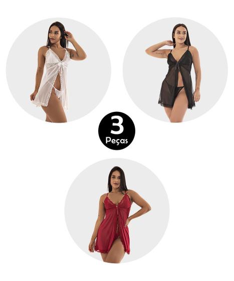 Imagem de Kit 3 Camisola IMI Lingerie Aberta Fenda Tule Renda Calcinha Fio Dental Louise