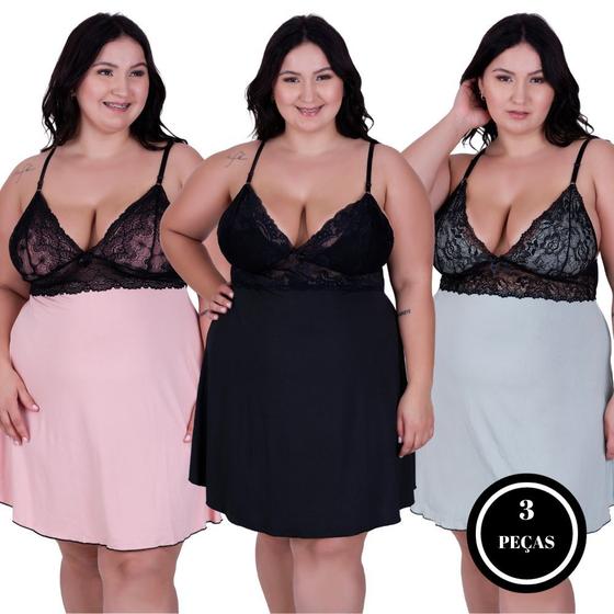 Imagem de Kit 3 Camisola Plus Size Bicolor Detahe de Renda Roupa de Dormir Confortável de Luxo Sheyla VERDE PRETO E ROSÊ