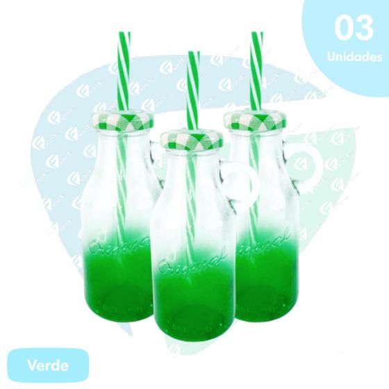 Imagem de Kit 3 Caneca De Vidro 250ml C/ Canudo Verde Retrô Drink