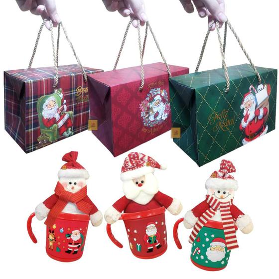 Imagem de Kit 3 Canecas 200ml + 3 Papai Noel + 3 Sacolas Enfeite Natal