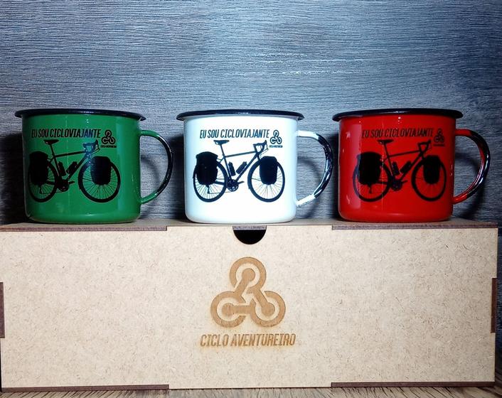Imagem de Kit 3 Canecas cicloviajantes + Box Madeira 