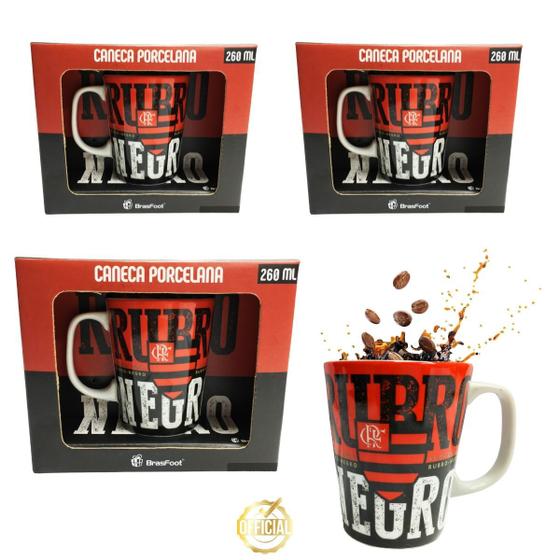 Imagem de Kit 3 Canecas Porcelana Xícara Rubro Negro Premium 260ml Preto Vermelho Café Clube Flamengo Oficial