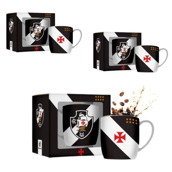 Imagem de Kit 3 Canecas Xicara Porcelana Urban 300ml Café Vasco Preto Branco Oficial Selo