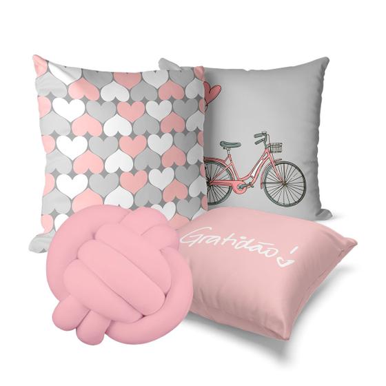Imagem de kit 3 capa almofada rosa com cinza 40x40 + nó rosa