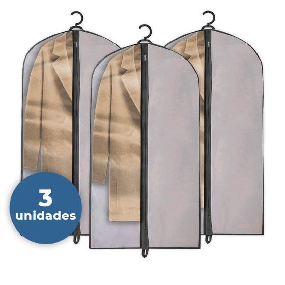 Imagem de Kit 3 Capas + 3 cabides Para Ternos Proteção Respiravel Com Ziper Reforçado Premium TNT Tansporte Saco Antimofo Vestidos Cinza