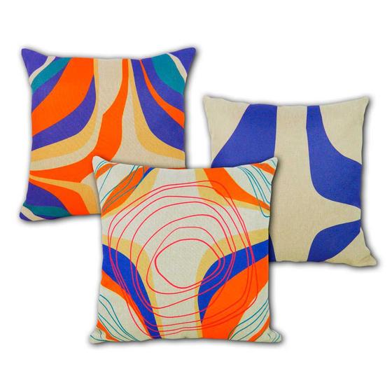 Imagem de Kit 3 Capas de Almofada Linho Tons Azul e Laranja 44x44cm