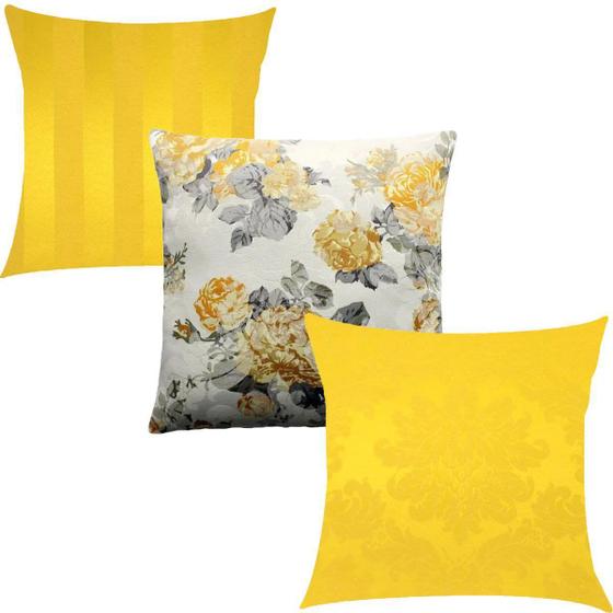 Imagem de Kit 3 Capas de Almofadas Composê Amarelo, Floral, Medalhão e Listrado 45x45cm