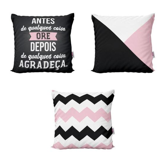 Imagem de Kit 3 Capas de Almofadas Personalizadas Rosa e Preto Com Frases Para Sofá 40x40 - Novadecora