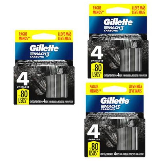 kit 3 Carga para Gillette MACH3 Carbono com 4 unid Menor preço em kit 3 Carga para Gillette MACH3 Carbono com 4 unid