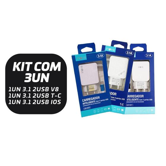 Imagem de KIT 3 Carregador Rapido Inova 3.1 (1V8 1T-C 1Lightning/Iphone) Atacado Para Revenda
