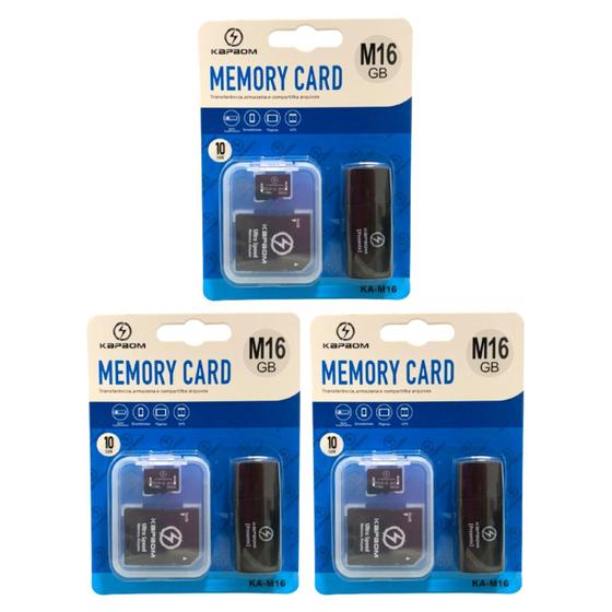 Imagem de Kit 3 Cartão De Memória 16Gb Classe 10 Com Adaptador Usb E Micro Sd Para Musica Video Foto Rápido Seguro